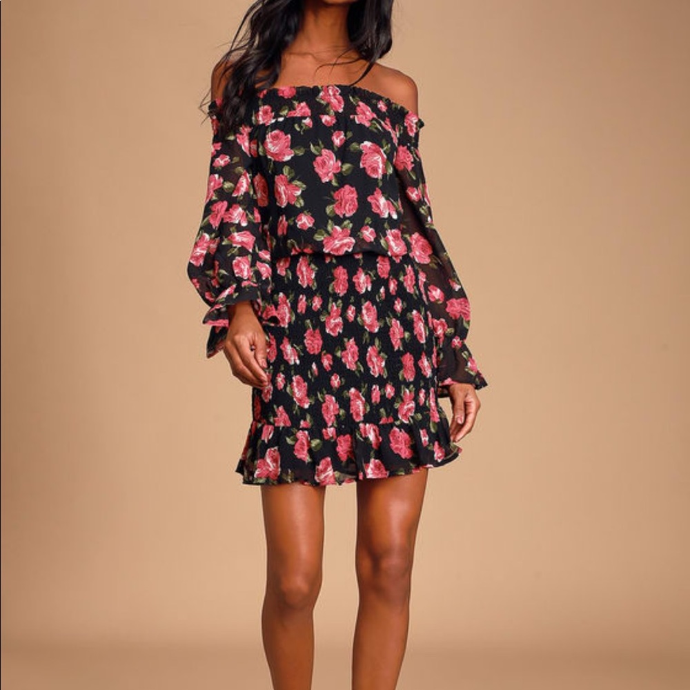 Ayesha Black Floral Print Smocked LULUs Dress